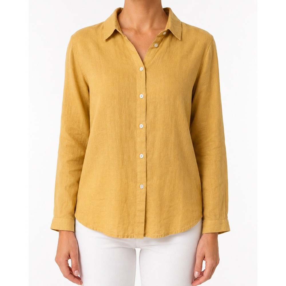 J Jill Womens 100% Linen Button Down Shirt Blouse Golden Yellow Size L
